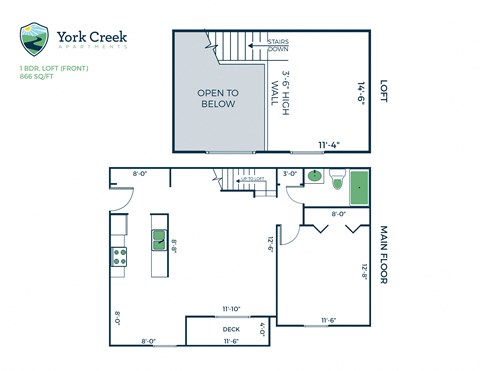 Floor plan for 1 bed, 1 bath, 866 sqft